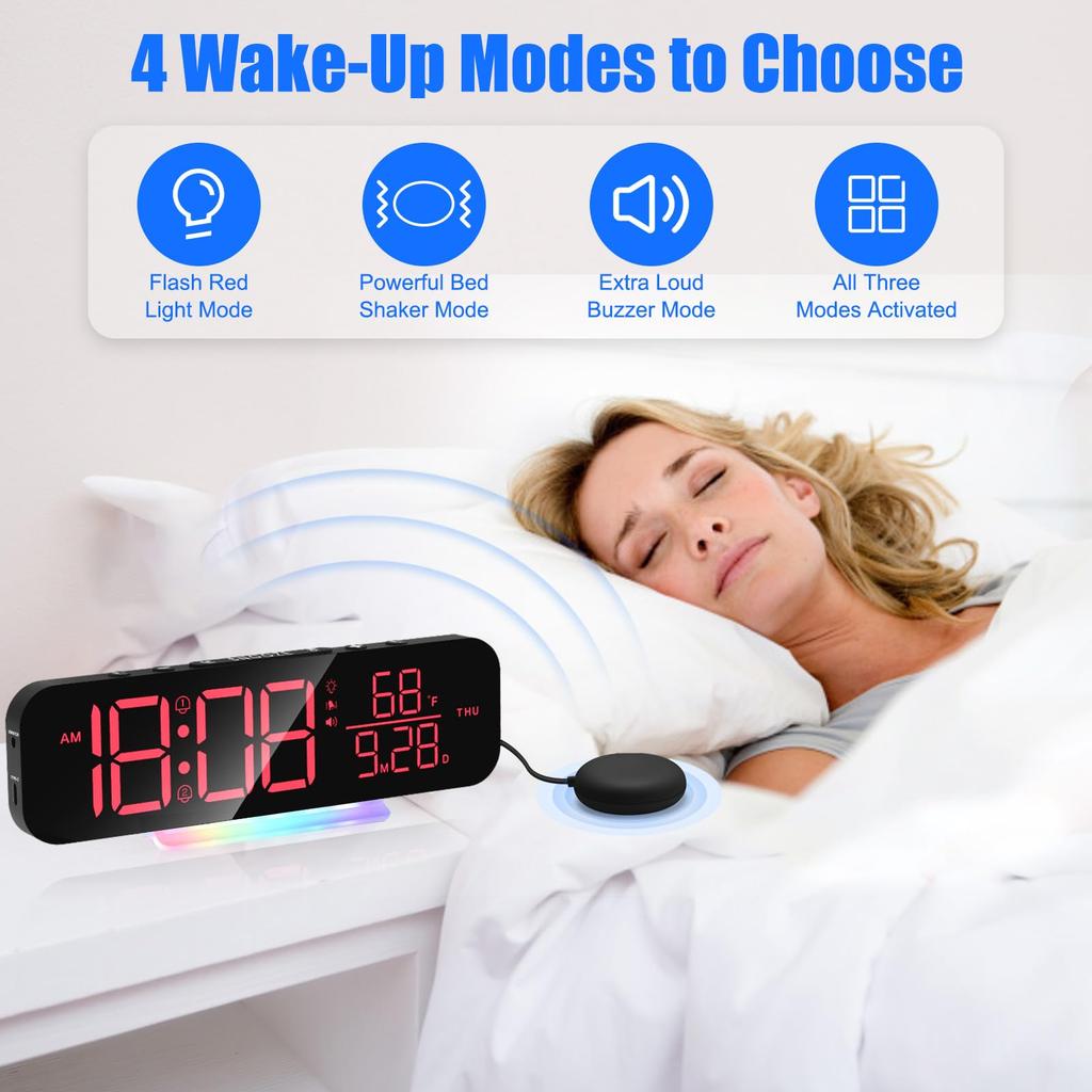 Super Loud Vibrating Alarm Clock with Vibrator Bed Shaker for Heavy Sleeper Colorful RGB LED Digital Alarm Clock for Home