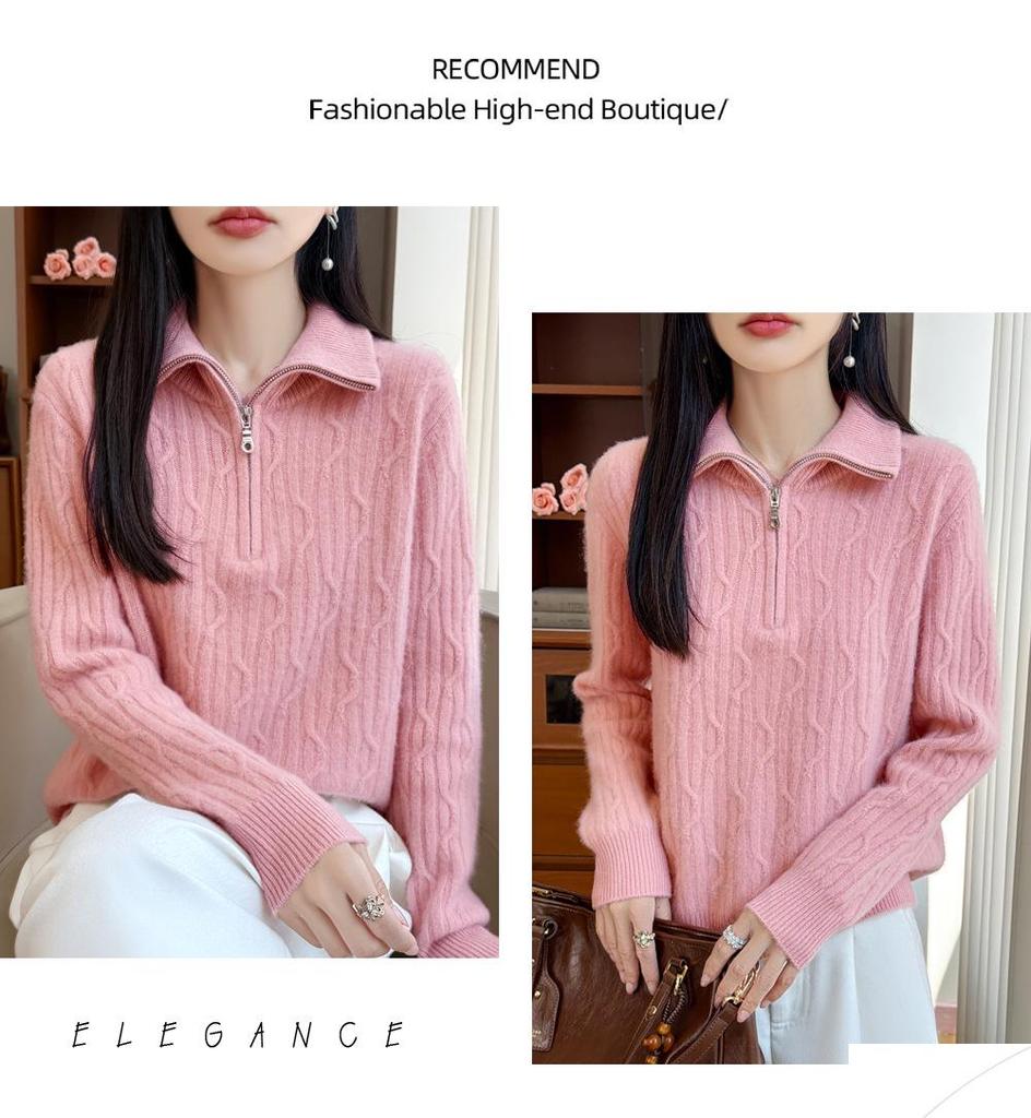 2026 Autumn/Winter Women's Pure Wool Cable Knit Half-Zip Lapel Sweater