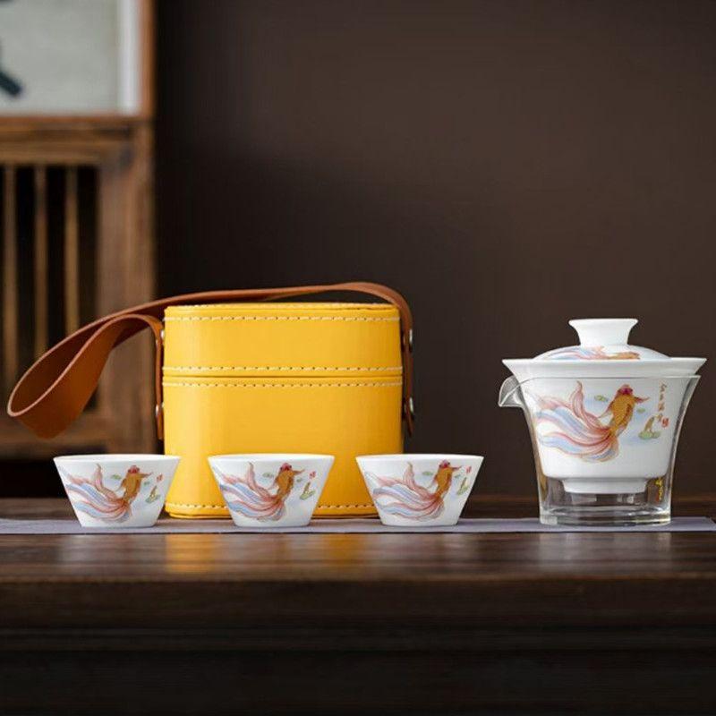 

Travel Jade White Porcelain Tea Set, Gongfu Teaware Tea Brewing Kettle Set, Outdoor Camping, Minimalist, 1 Gaiwan, 3 Cups