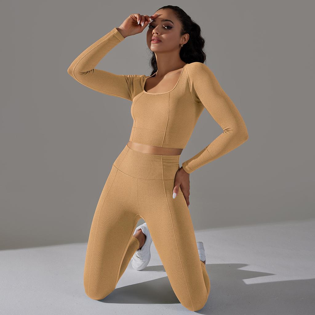 Seamless Knitted Long Sleeved Sports And Fitness Pants, Quick Drying Jacquard Breathable Hip Lifting Running Yoga Suit Set