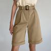 Women's Fashion Short Suit Pants Cuffed Buttons Pocket Zipper Solid Color Shorts