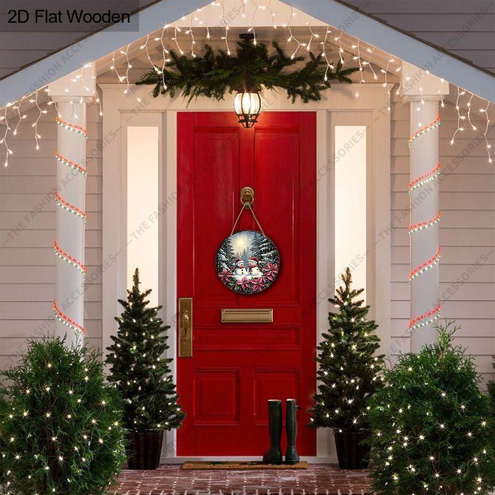 Snowman Winter Forest Poinsettia Round Wooden Hanging Sign, 2D Printed Christmas Front Door Wall Ornament
