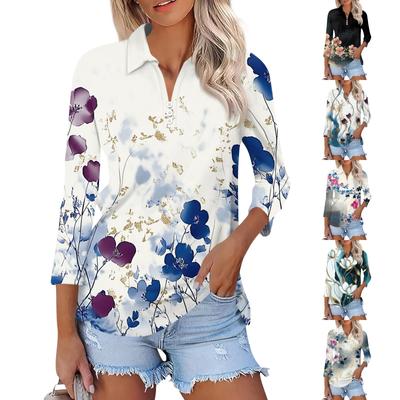 Women's Fashion Casual Lapel 3/4 Sleeve Print Shirt Women's Button Up Tops