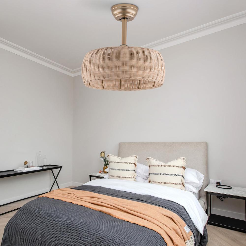 Bymaocar 18.5in Boho Ceiling Fan with Lights Rattan Caged Flush Mount Indoor Lamp 6 Wind Speeds Quiet Reversible Motors & Timer