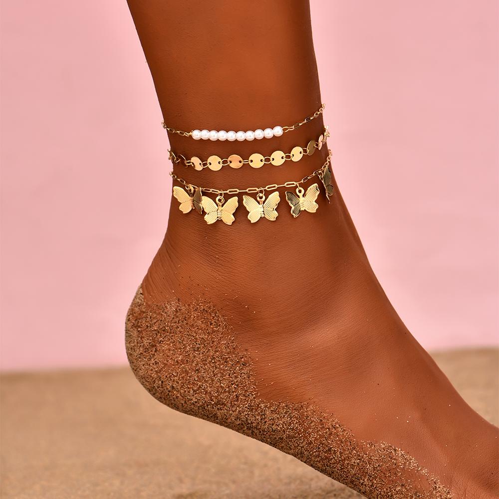 

2022 New Summer Gold Color Heart Star Butterfly Anklets for Women Multilayer Barefoot on Leg Chain Ankle Bracelets Beach Zircon