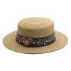 Straw hat women's spring and summer retro casual women's rhinestone straw woven flat top top hat outdoor sunshade beach hat hat