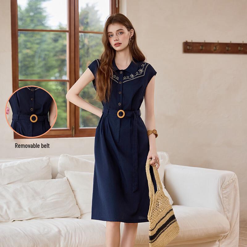 Embroidered Lapel Sleeveless A-Line Maxi Dress with Detachable Belt M