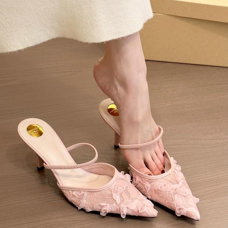 Niche mesh yarn breathable bag head half slippers women's shoes 2025 new spring gentle high heels