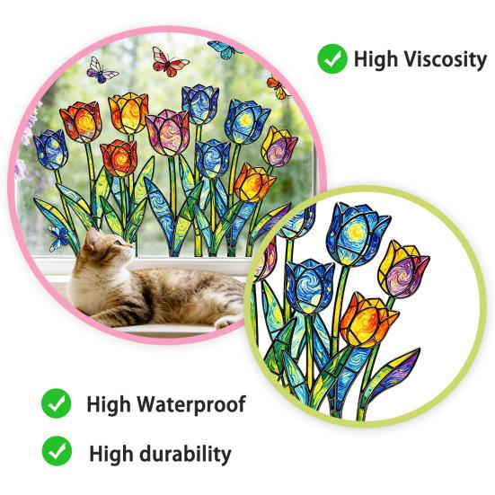 Spring Summer Tulip Window Clings Stained Glass Style Floral Butterflies Window Sticker Double-Side Glass