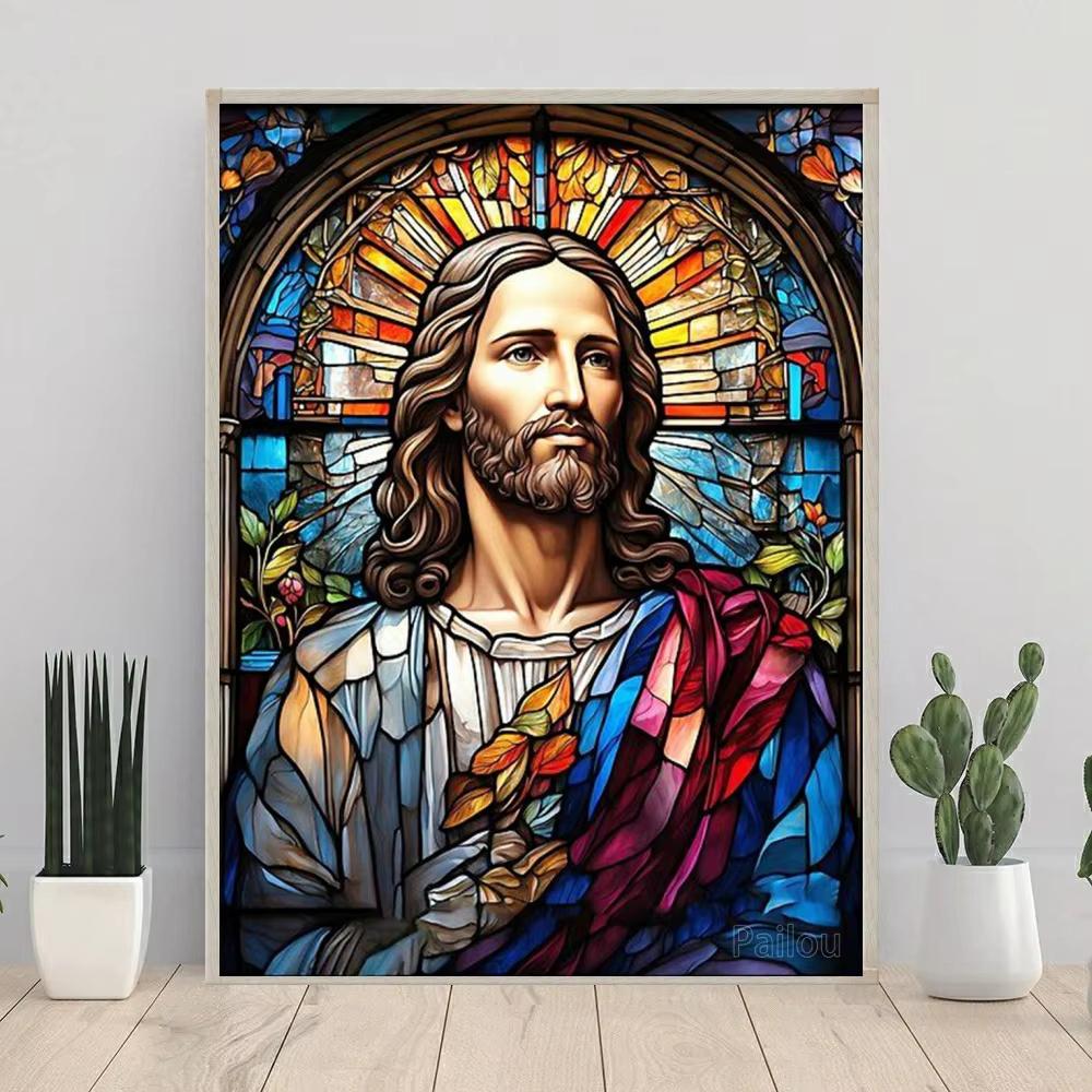Jezus Chrystus Sztuka Witrażowa DIY 5D Malowanie Diamentowe Religijny Święty Krzyż i Maryja Dziewica Mozaika Haft Krzyżykowy Prezent Wystrój Domu