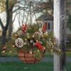 Double Set Artificial Pine Christmas Basket Decors Battery Operated Lights Festival Porch Hanging Planter for Indoor Outdoors