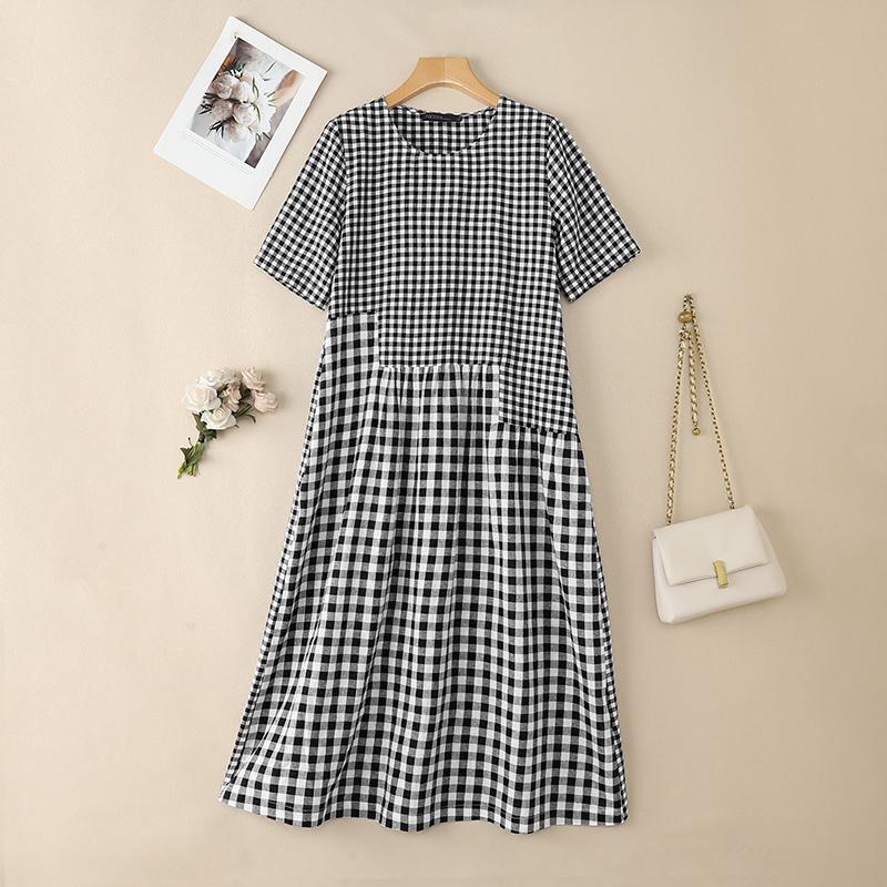 

ZANZEA Женское летнее повседневное платье с принтом в клетку, с круглым вырезом и рукавом до локтя S чёрный