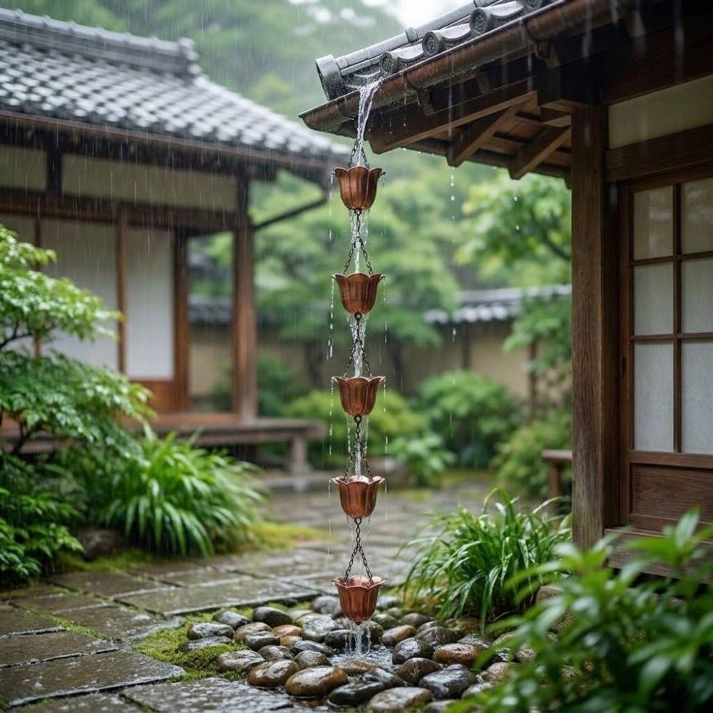 Japanese Style Metal Tulip Rain Chain 7 Cups Iron Art Rain Chain for Gutters Flower-shaped Directs Water