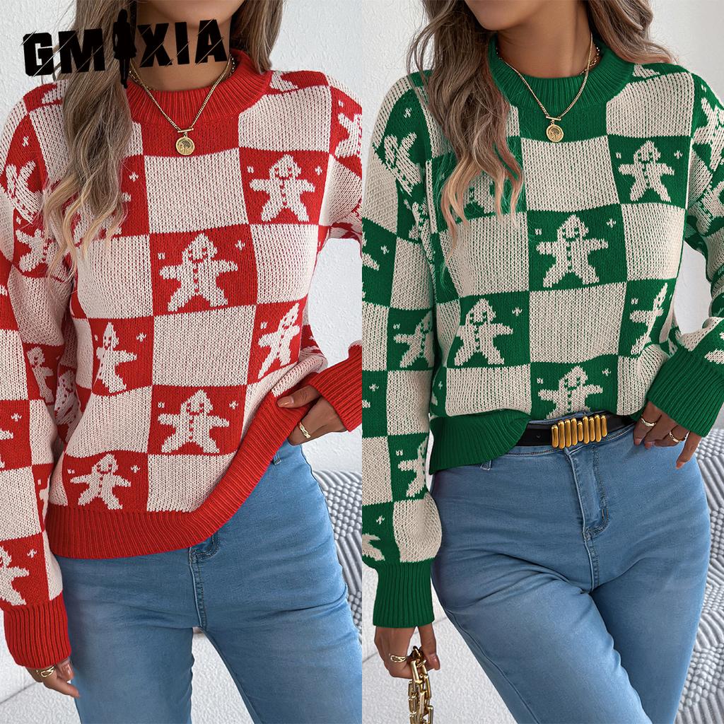 GMXIA Autumn and Winter Snowman Checkered Lantern Long-sleeved Pullover Sweater Women's Christmas