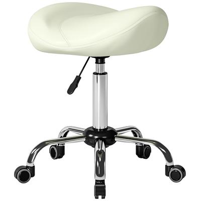 Sattelhocker, Höhenverstellbarer Rollhocker mit PU-Leder für Massage, Spa, Klinik, Kosmetik und Tattoo, Cremeweiß