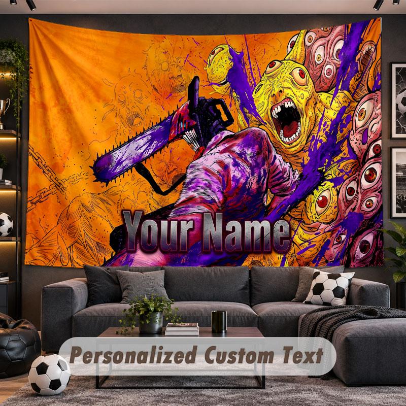 Wall Hanging Tapestry Custom NameChainsaw Man Pattern Personalized Printed Fabric Wall Decor