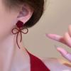 Red flower bow stud earrings niche design sense light luxury fashion high-end earrings autumn versatile
