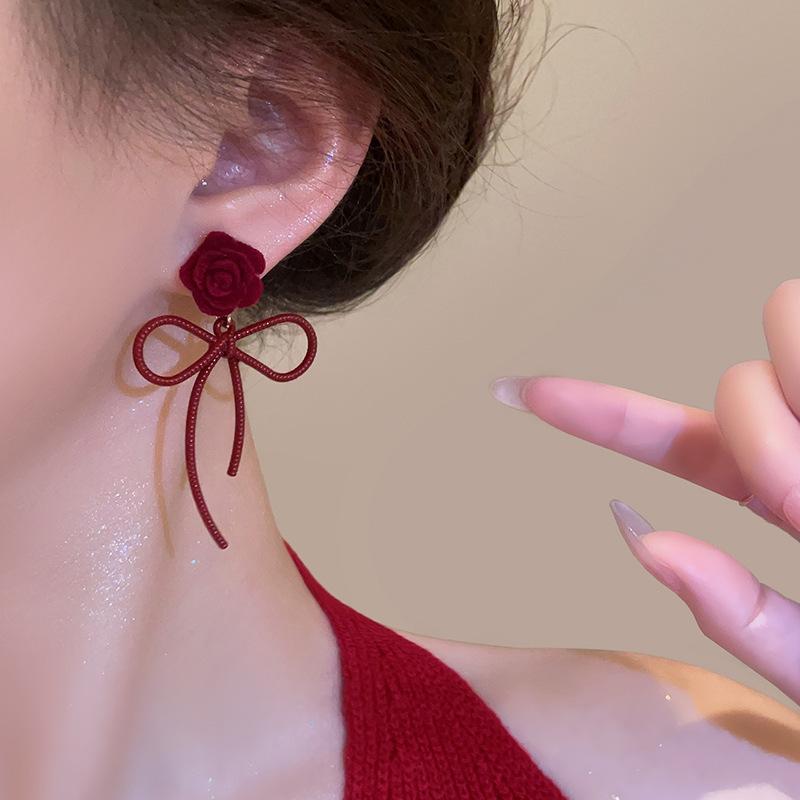 Red flower bow stud earrings niche design sense light luxury fashion high-end earrings autumn versatile