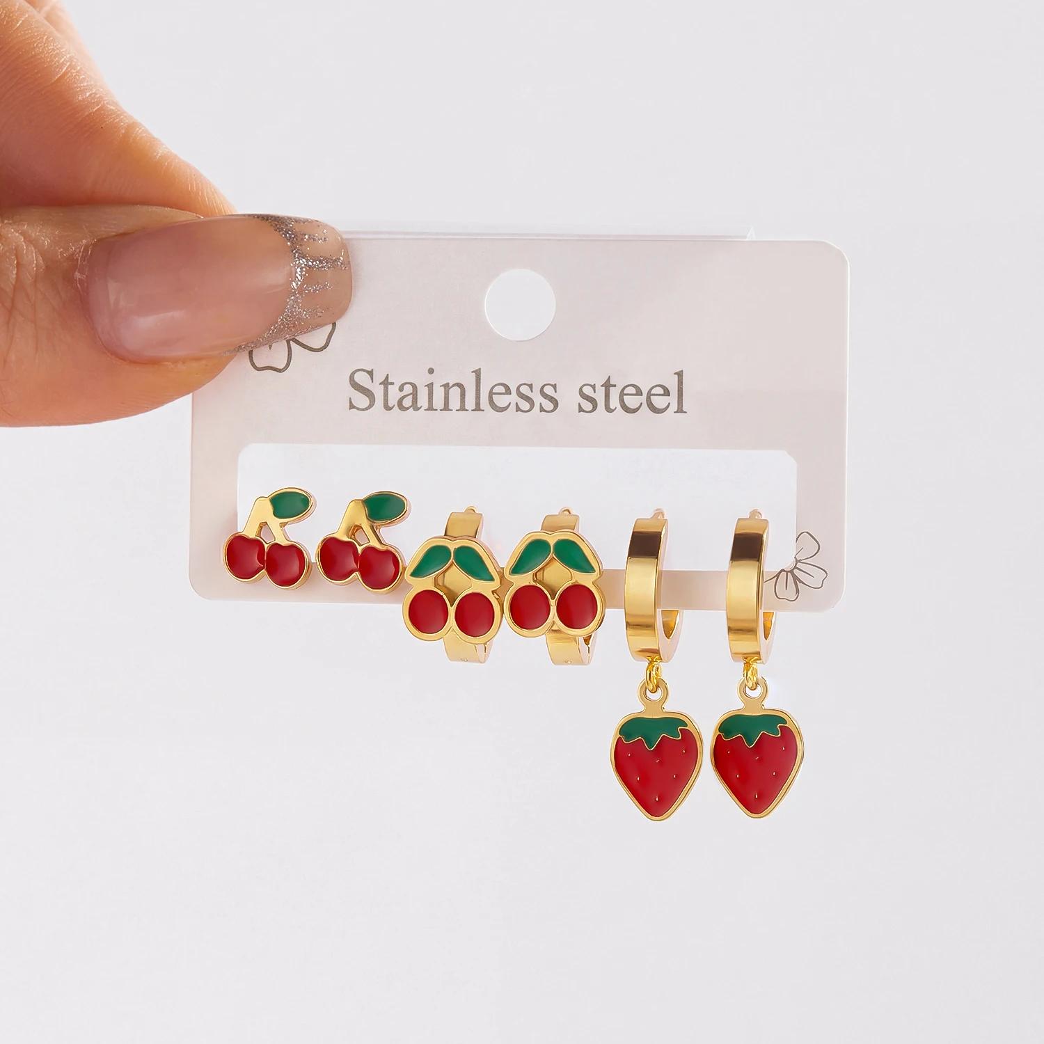 3Pairs Y2K Red Cherry Strawberry Drop Earrings Set For Women Stainless Steel Fruit Dangle Earring Hypoallergenic Gift