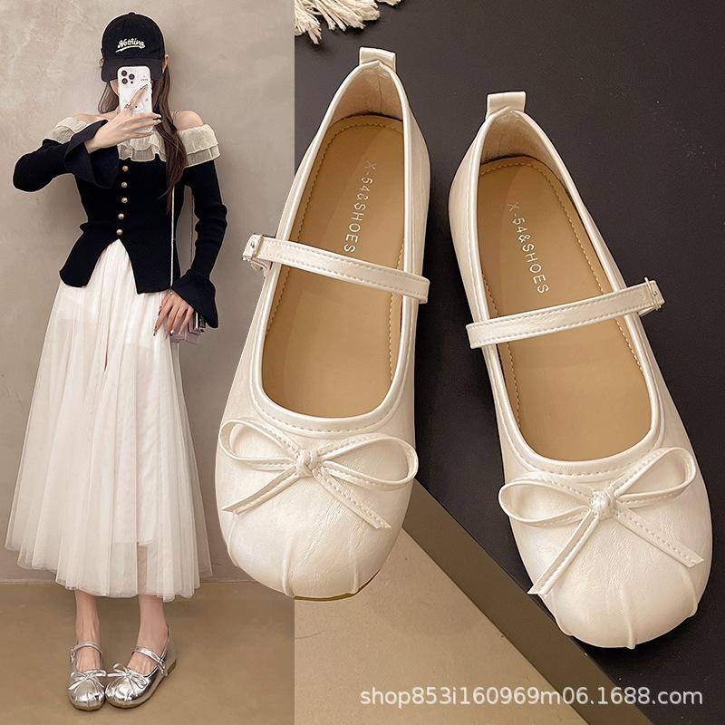 French silver flat ballet single shoes women 2025 new temperament bow fairy wind word belt Mary Jane shoes