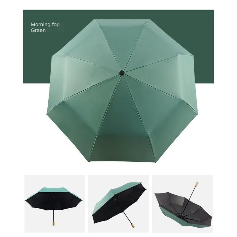 Simple Plain Triple Folding Umbrella Solid Wood Handle Girls Partysu Vinyl Sun Umbrella Reinforced Umbrella