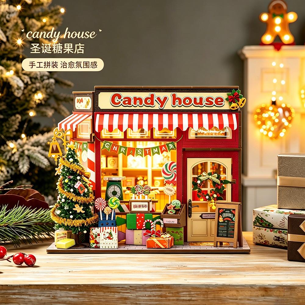 Christmas Candy Store Creative Gift DIY Wooden 3D House Three-dimensional Handmade Assembly Book Stand Model Toy