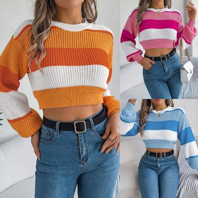Women Casual European Style Color Block Lantern Sleeve Cropped Pullover Sweater
