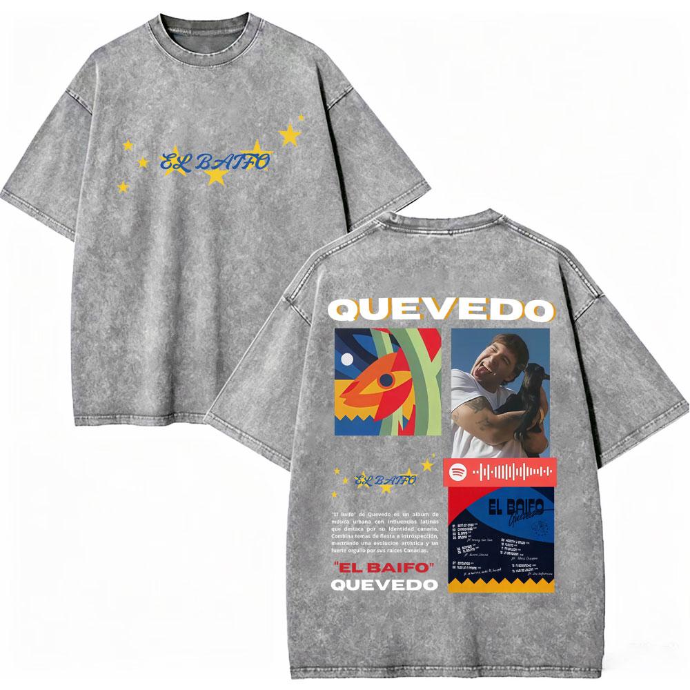 Vintage Washed Quevedo 2026 New Album El Baifo Tshirt High Street Fashion Trend Tshirts Men Women Casual Loose Cotton T Shirt