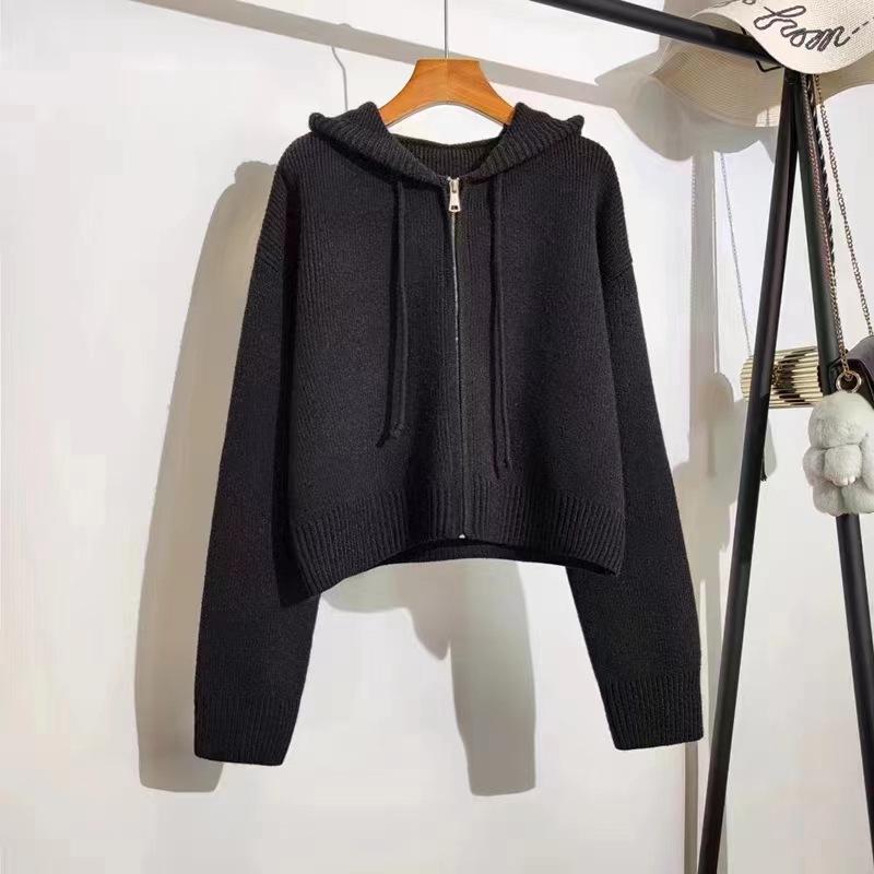 KANING Корейский вязаный кардиган на молнии с капюшоном для женщин - Осенний свободный повседневный короткий свитер-пальто One Size чёрный