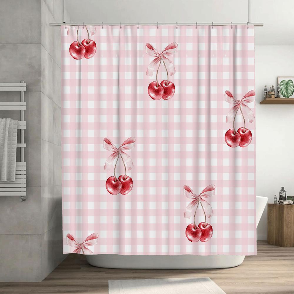Rustic Pink Checkered Shower Curtain with Watercolor Cherries Bathroom Decor for Home Improvement Projects