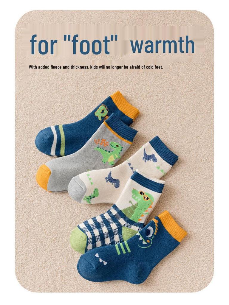 Children's Thickened Warm Cotton Dinosaur Terry Socks - Mid-Calf Length for Boys and Girls