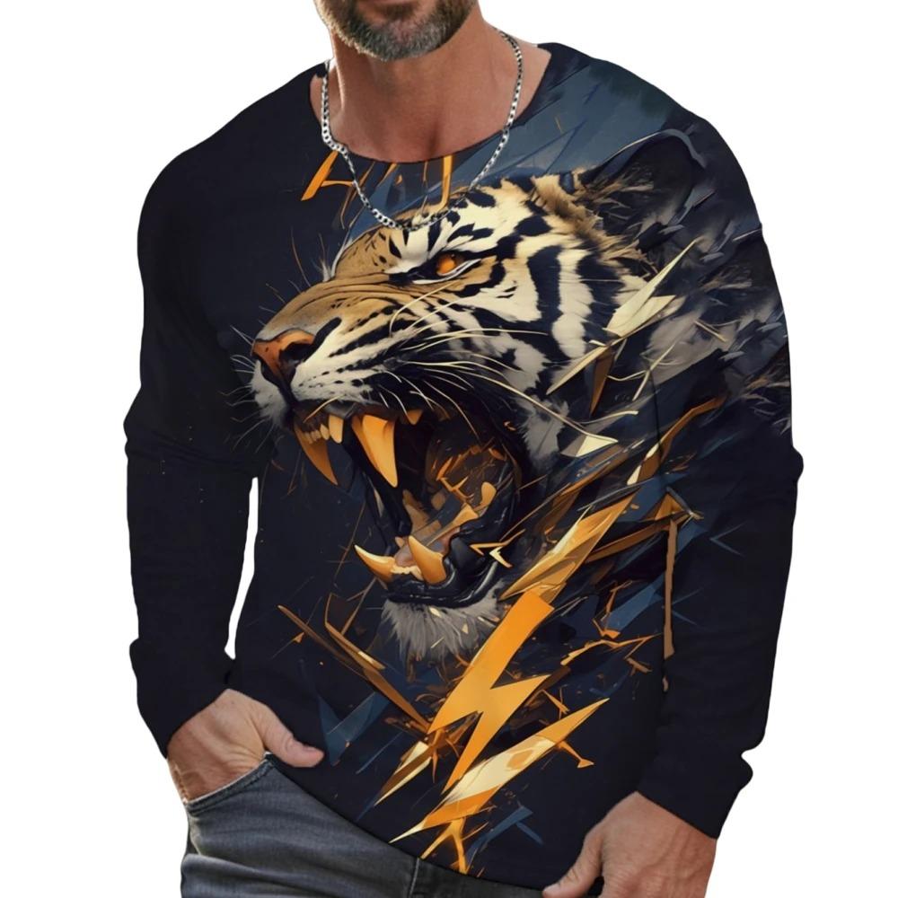 Street trend 3D tiger print men's casual round neck long sleeved T-shirt