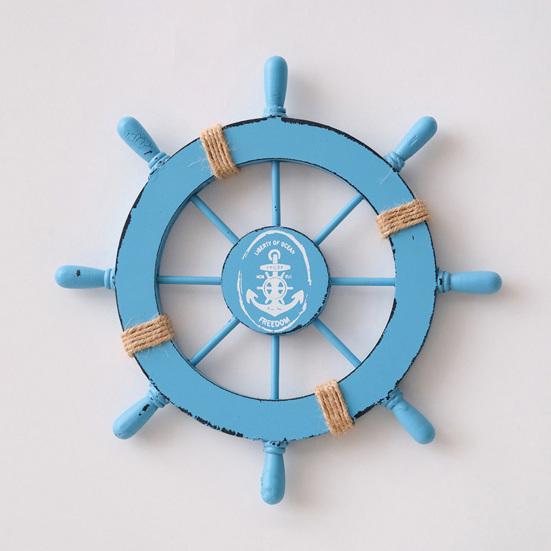 11" Nautical Beach Wooden Ship Wheel Wall Art Coastal Style Boat Steering Wheel Wall Hanging Ornament with Starfish And Hemp Rope for Living Room