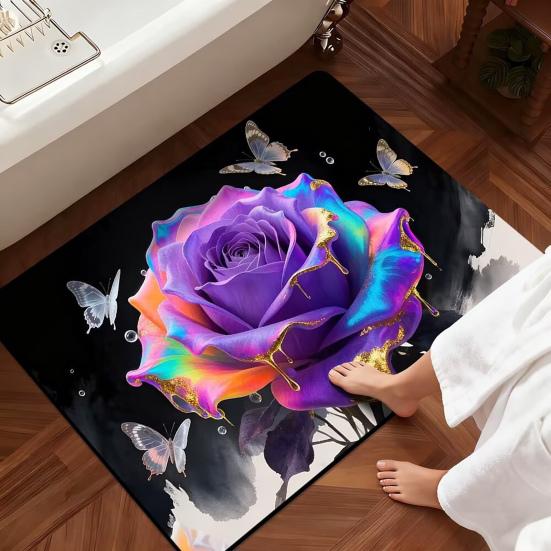 Yousheng 3D Rose Bathroom Rug Realistic Rose And Butterflies Floor Mat Absorbent Non-Slip Rug for Entrance Kitchen Bedroom Living Room