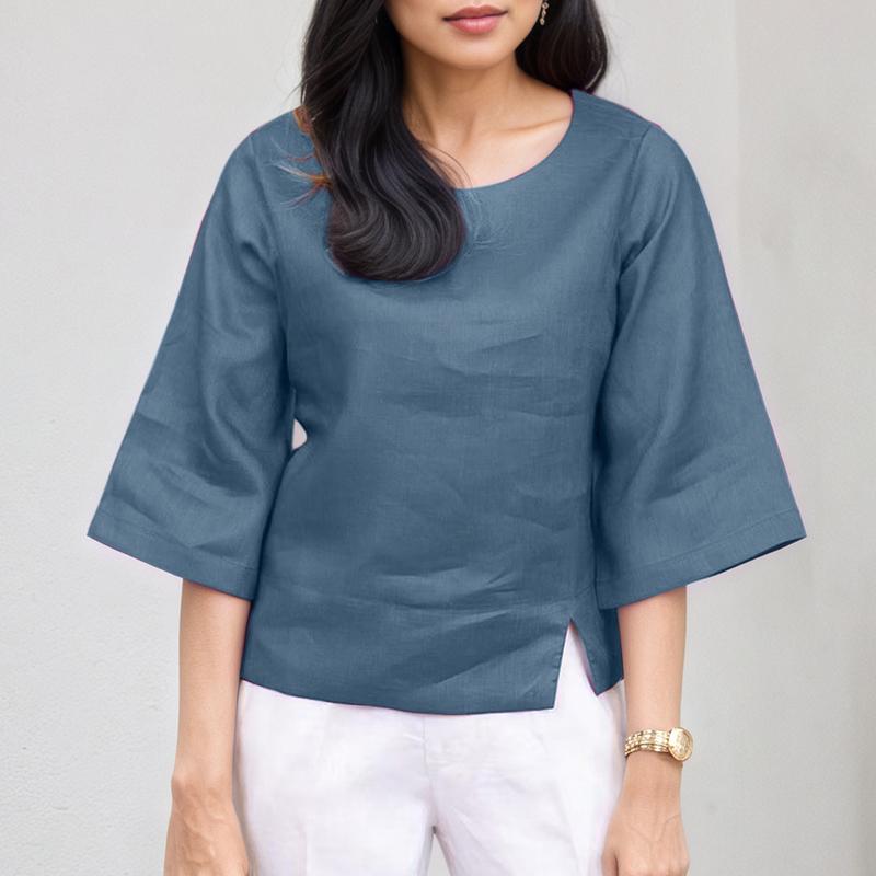 

ZANZEA Женская повседневная блузка с круглым вырезом, летняя, однотонная, с рукавом 3/4 5XL синий