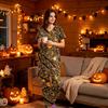 Women's Halloween Print Scrub Set V-Neck Short Sleeve Top with Pocket and Pants 2-Piece Uniform