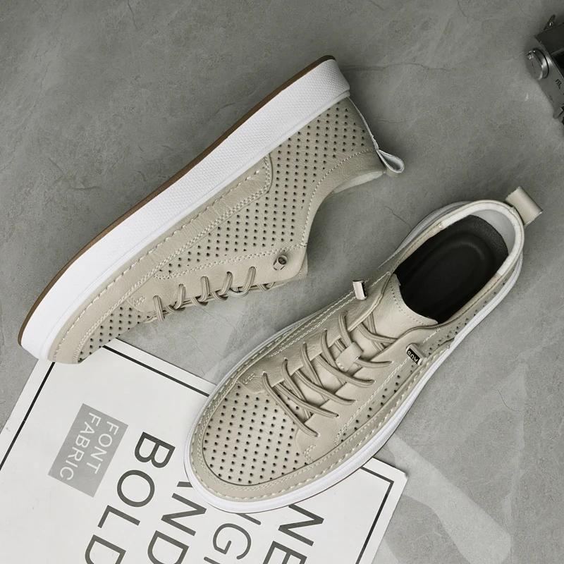 Fashion Genuine Leather Men Breathable Sneakers Fashion Trend Casual Leather Outdoor Non-slip Board Shoes Hollow Out Vulcanized Shoes