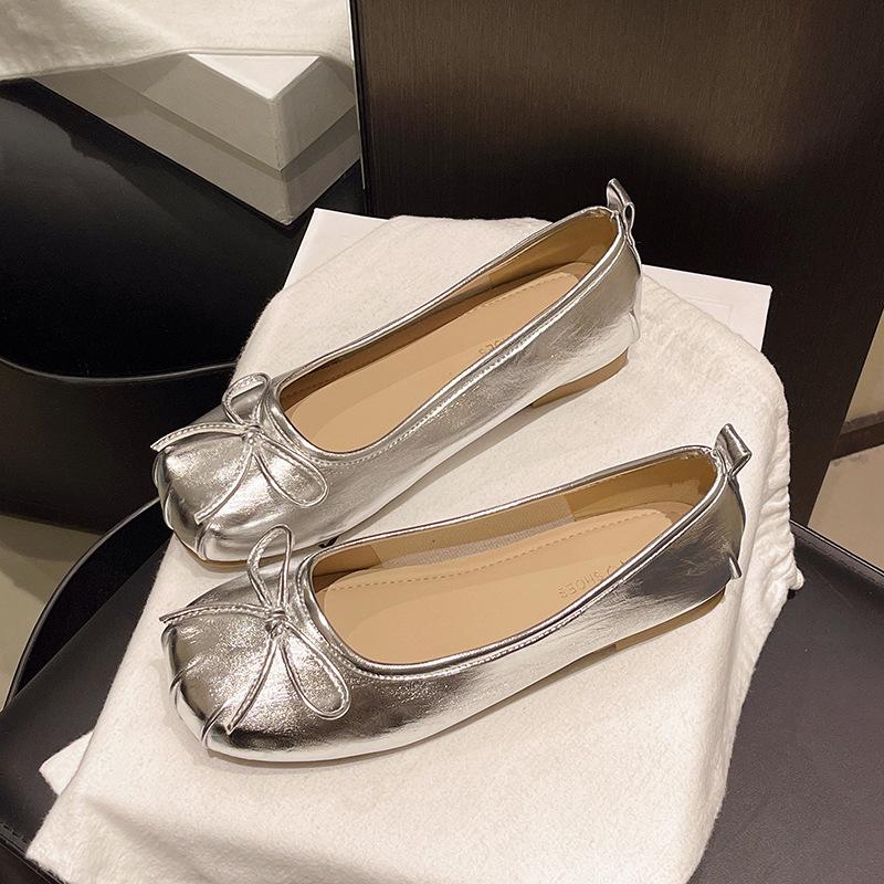 2025 new French square head shallow mouth flat sole shoes women's soft sole bow ballet flat sole shoes