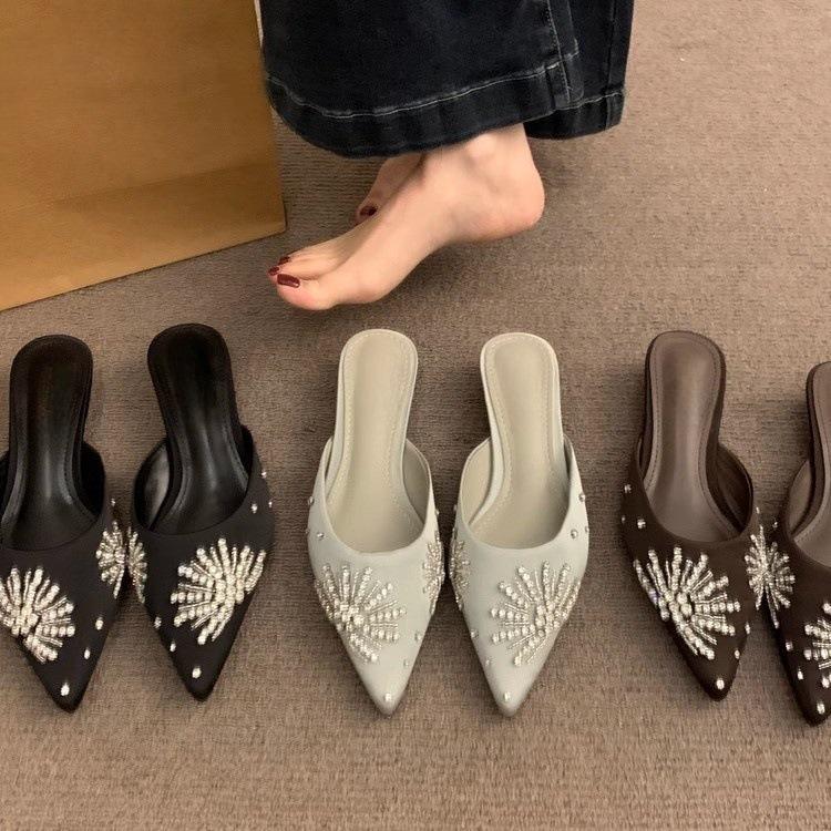 

Coarse Heeled French Toe Cap Half Slippers for Women Wearing Outer Shoes. Spring and Autumn 2025 New Brown Rhinestone Pointed Evening Shoes 35