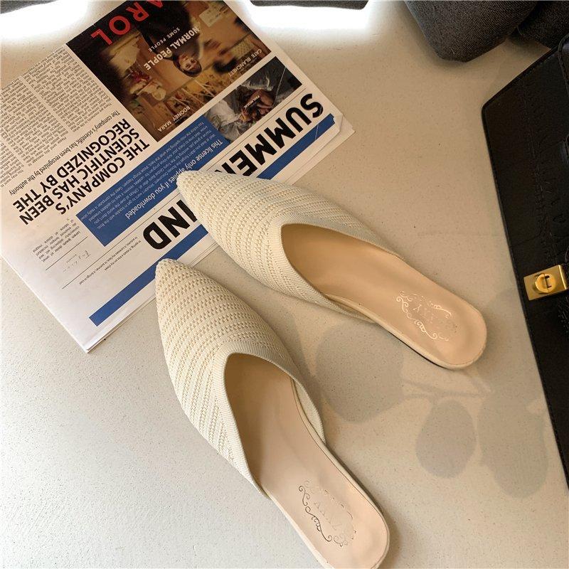 Baotou low heel wear sandals women 2025 spring new flying woven versatile flat heel lazy shoes pointed muller half slippers