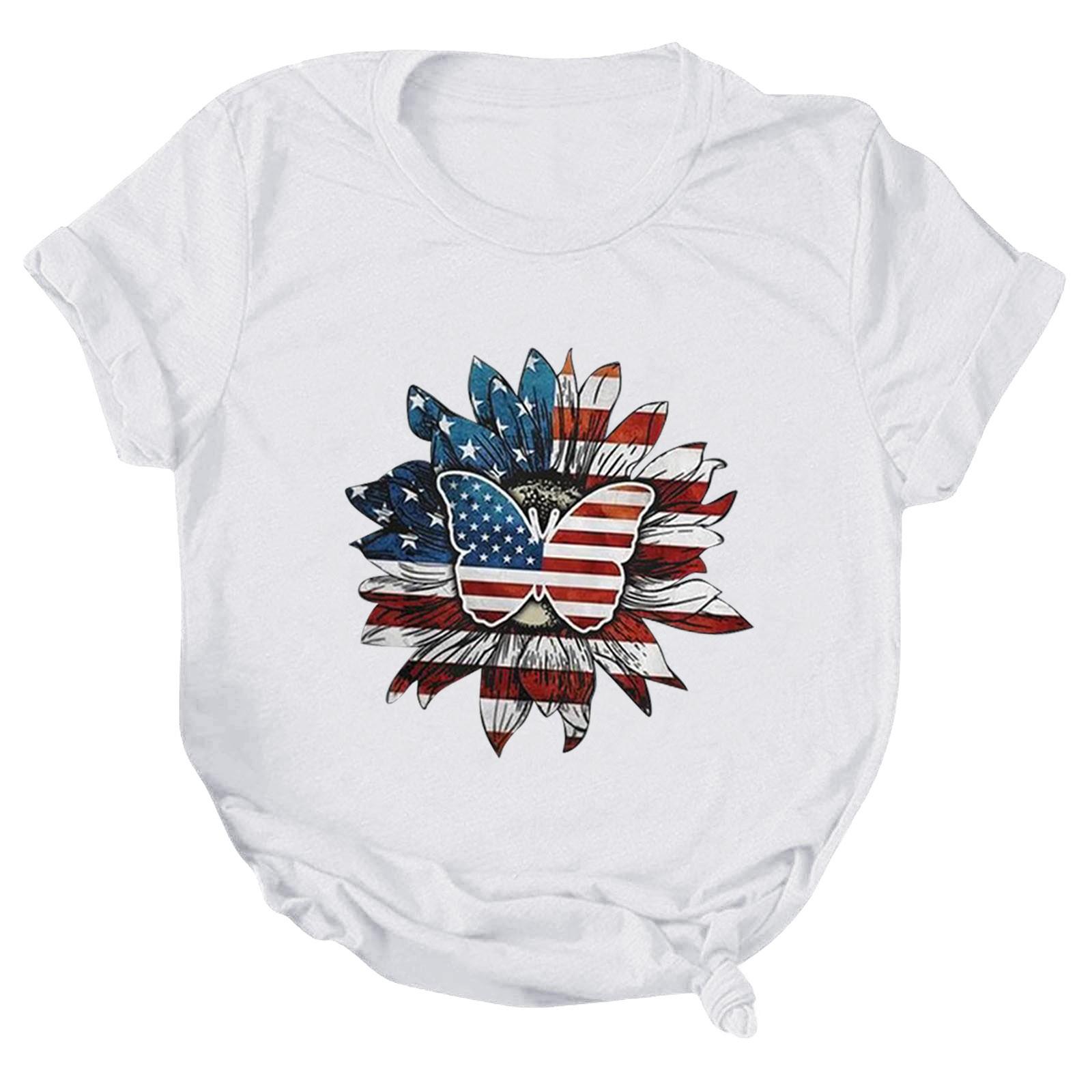 

(SU)Женская мода, повседневная летняя блузка с круглым вырезом, коротким рукавом и принтом ко Дню независимости, лето 2022