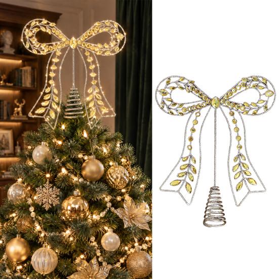 Indoor Festive Window Ornament Iron Bow Christmas Tree Topper, Gold Rhinestone Hollow-Cut Metal Light Luxury Holiday Party Decor with Spiral