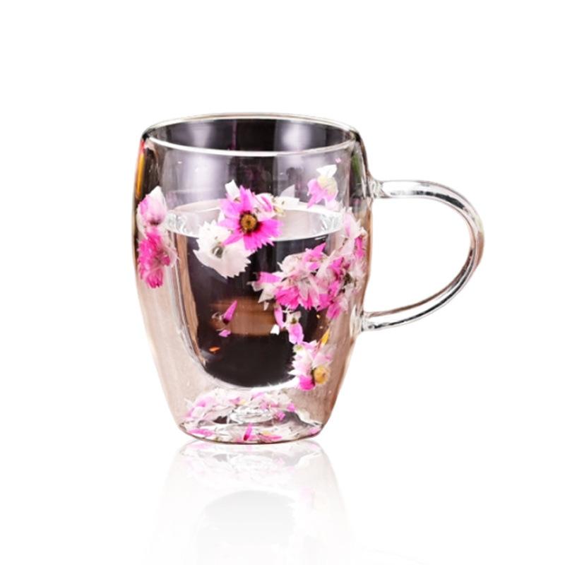 Dry Flower Double Cup Family Breakfast Cup with Handle Cup Holiday 380ml