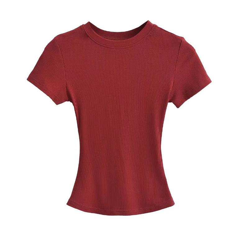 Summer New Female American Spice Girl Solid Color Crew Neck Short Sleeve T-Shirt Basic Threaded Bottom Top