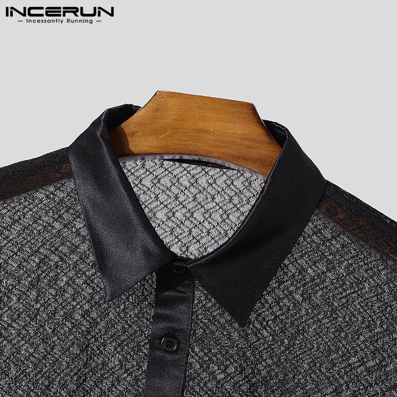 INCERUN Pánská krajková trička s dlouhým rukávem Síťovina Průhledná klopa Potisk krku Průhledné topy