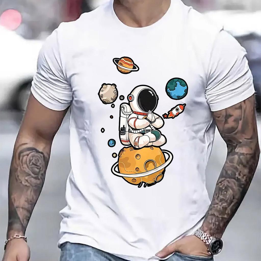 Męska Koszulka Graficzna z Astronautą Casualowy Dekolt Okrągły Krótki Rękaw Oddychająca Poliestrowa Koszulka z Motywem Kosmicznym Odzież Męska