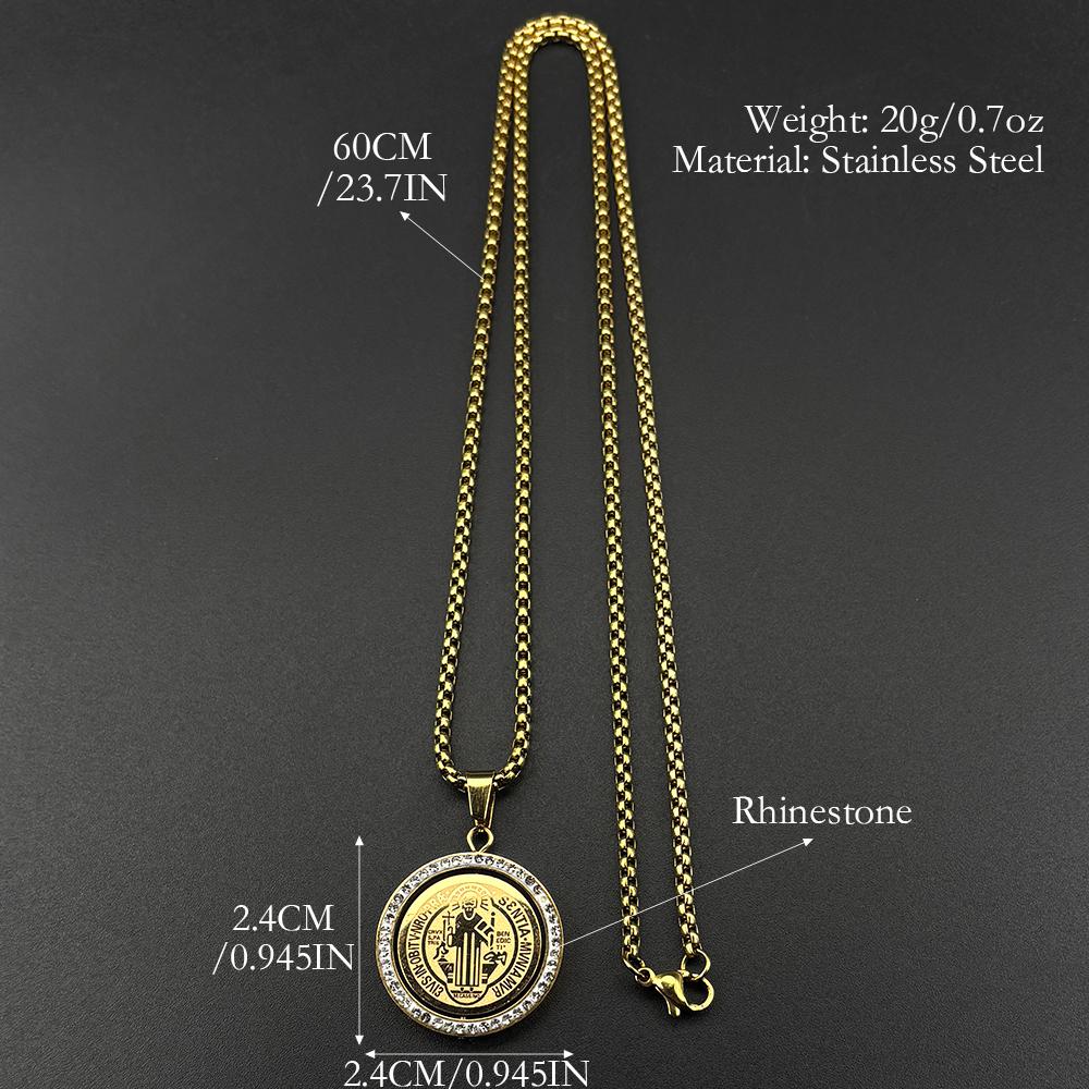 Catholic Rotatable Saint Benedict Cross Pendant Necklace for Women Men Stainless Steel Rhinestones San Benito Box Chain Jewelry