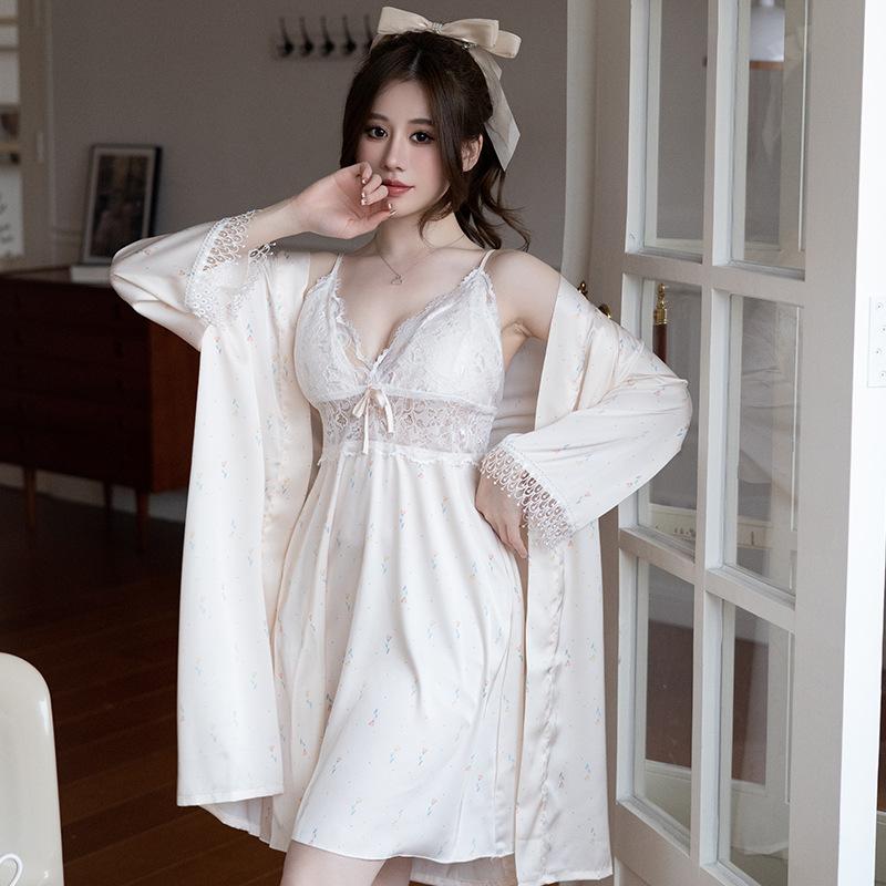 1011 New Ice Silk Sexy Pajamas Two-piece Set Women's Spring and Summer Long Sleeve Suspender Thin Loungewear with Chest Pad