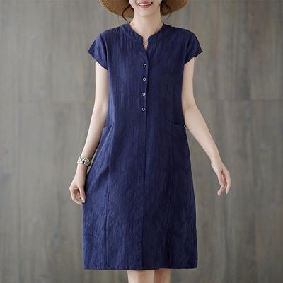 Summer Cotton Linen Artistic Loose Fit Plus Size Slimming Casual Mid Length Dress for Women
