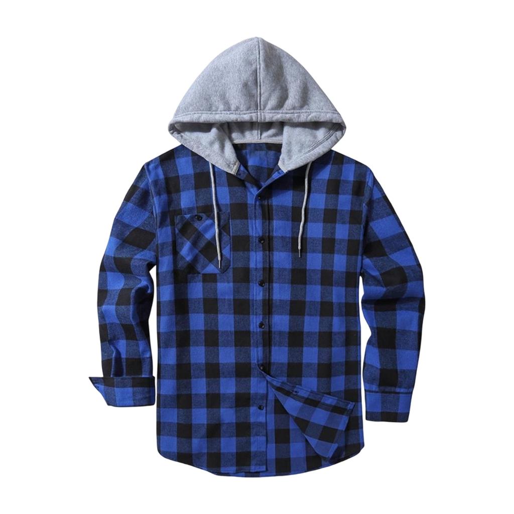 Men's Flannel Plaid Button-Up Hooded Shirt Jacket for Casual Wear